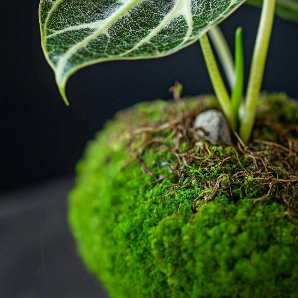 Alocasia 'Silver Dragon' Kokedama (Grown Bonsai) - Image 2