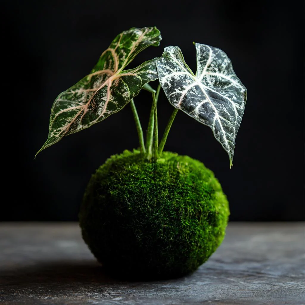 Alocasia 'Silver Dragon' Kokedama (Grown Bonsai) - Image 3